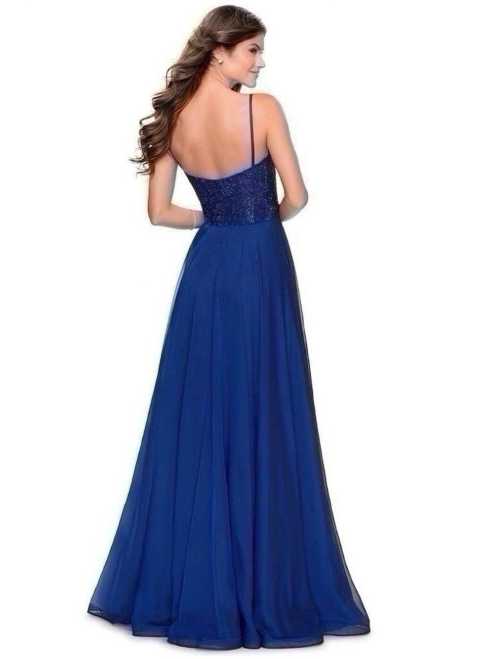 NEW La Femme Women’s Sparkle Lace Chiffon Gown Marine Blue 28664 - Picture 6 of 14